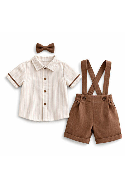 Junior Class Erkek Bebek Gömlek Askılı Şort Takım Papyonlu Yazlık 3’lü Kombin
