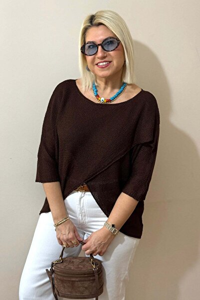 By Esra Celkan Coffee-Colored Verev Cut Honeycomb Textured Thin Knitwear