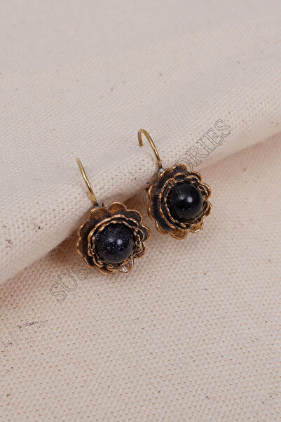 Süspüs Accessories Siyah Yıldız Taşlı Çiçek Model Otantik Küpe