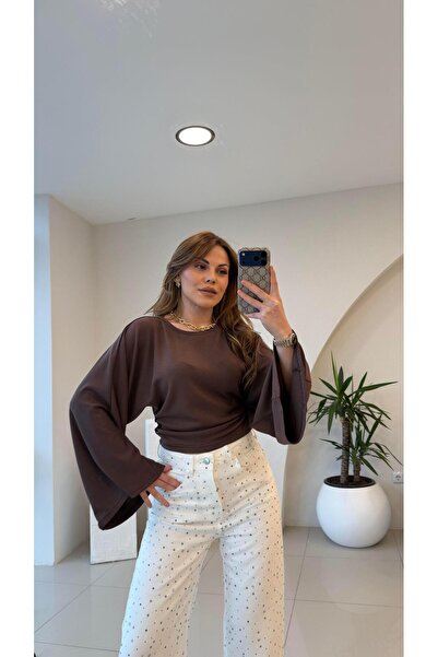 Şulenin Butiği Μπλούζα μοντάλ καφέ χρώματος με ζώνη στη μέση