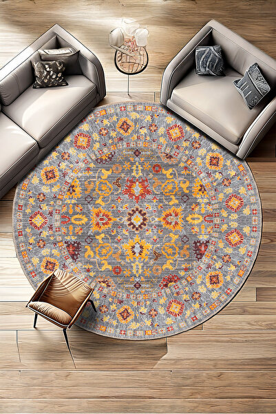BigArts Home Gri Hardal Şönil Kilim Desenli Salon Mutfak Halısı Yuvarlak Yolluk