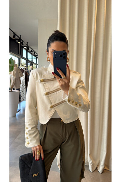 My Blog Εκρού Μπουφάν Λουντ με Χρυσά Κουμπιά και Επωμίδες - 503348