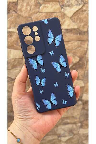 Vip Case Samsung Galaxy S21 Ultra Uyumlu Mavi Kelebek Desenli Silikon Darbe E...