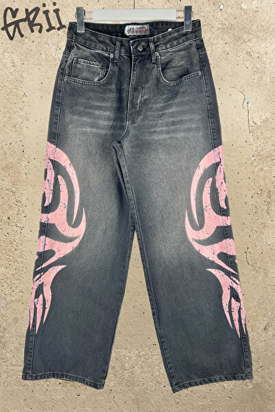 GRİİ WEAR Unisex Baggy Jean Tribal Baskılı Geniş Paça Kot Pantolon (Sökülmez ...