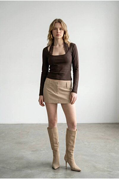 ÇEÇİM Γυναικεία μπλούζα με δαντέλα και λεπτομέρειες, μακρυμάνικη, εφαρμοστή Z...