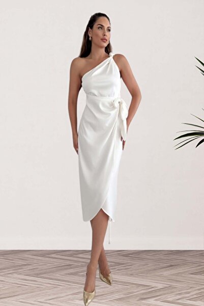 lovebox Γυναικείο βραδινό φόρεμα με κόμπο στον ώμο με ζωσμένο σατέν 003