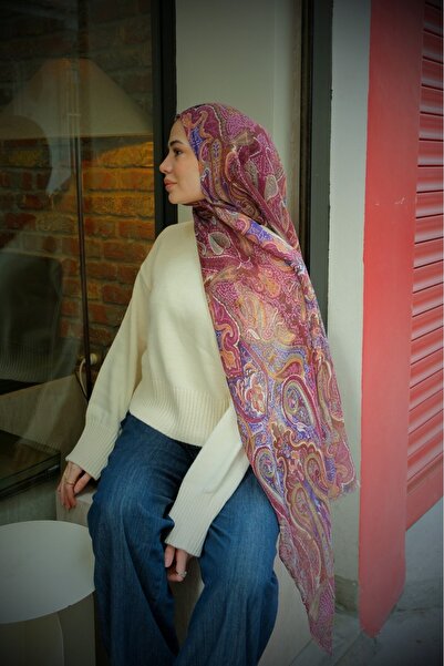 diorel Etro Desen Keten Şal-Mürdüm