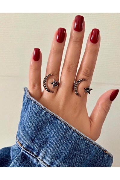 Ceso Accesories mavi Taşlı Ay Yıldız Bronz Kaplama Ayarlanabilir Yüzük