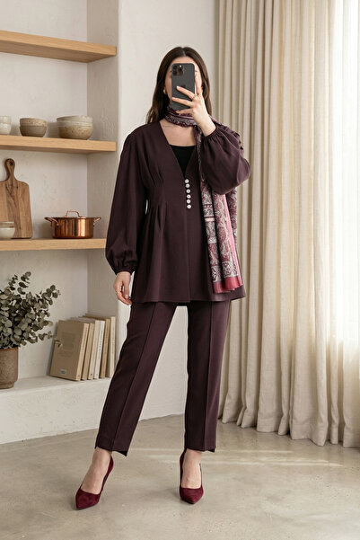 MODAQU Μπορντό Σετ Δύο Τεμαχίων με Παντελόνι και Ελαστικό Μανίκι