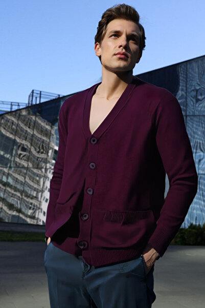 Desen Triko Ανδρική μάλλινη ζακέτα με λαιμόκοψη V και τσέπες, σε βυσσινί χρώμα