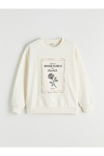 LC Waikiki Nevavm Oval Collar Printed Thick Sweatshirt for Girls with a Diffe...