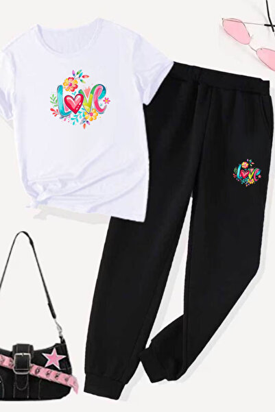 Joetsu Love Printed T-Shirt - Jogger T-Shirt Crew Neck Bottom Top Tracksuit Set