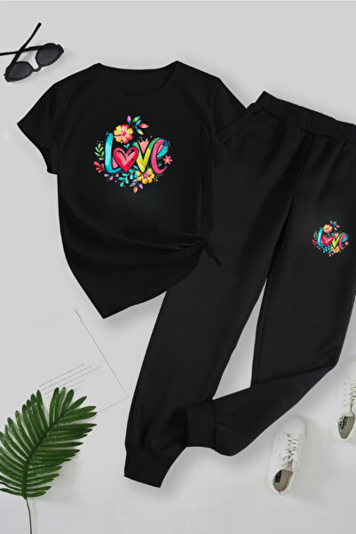 Joetsu Love Printed T-Shirt - Jogger T-Shirt Crew Neck Bottom Top Tracksuit Set