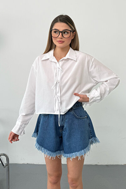 GİYSA Γυναικείο μακρυμάνικο πουκάμισο με λεπτομέρειες και δέσιμο, λευκό - 2022