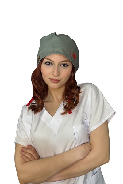 ÇİMEN BUTİK Pamuklu Poplin Cerrahi Ve Aşçı Bone Haki Kalp Desenli
