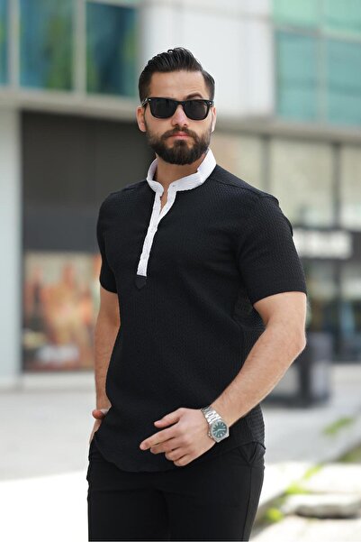 BAYIM Siyah Slim Fit Hakim Yaka Likralı Gofre Kumaş Kısa Kollu Erkek Gömlek