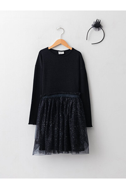 LC Waikiki Rochie de fată simplă, cu guler rotund, mânecă lungă și detalii di...