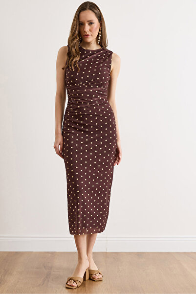 Olalook Γυναικείο καφέ φόρεμα μίντι με λεπτομέρεια ντραπέ στο πλάι, πουά σιφό...