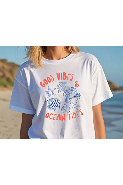 Kadın Tişört Yazlık Pamuk Beyaz Basic T-Shirt Tatil Temalı Minimal Kadın Tişört
