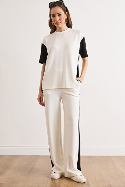 Olalook Γυναικείο Λευκό Μαύρο Σετ με Ρίγες στο Πλάι και Ντραπέ Κάτω Μέρος TKM...