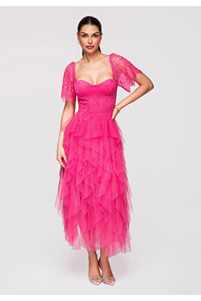 Larica OMBRE Γυναικείο Φόρεμα Μίντι Δαντέλα LA-OM-DLR327 Φούξια