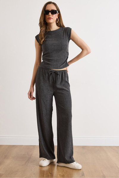 Olalook Γυναικεία Μπλούζα και Παντελόνι σε Ανθρακί Χρώμα με Υφή, Σετ TKM-1900...