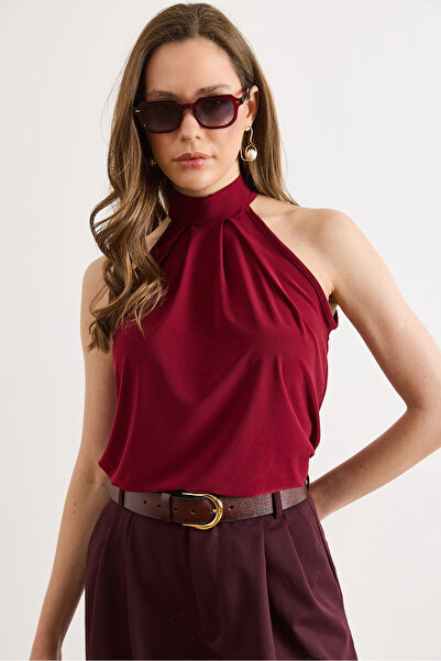 Olalook Γυναικεία μπλούζα με γιακά μπορντό με κουμπιά και ντραπέ γιακά BLZ-19...