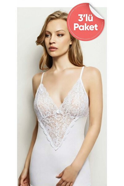 Cansu İç Giyim V-Neck Lace Detailed Cotton Strap Undershirt 3-Piece Advantage...
