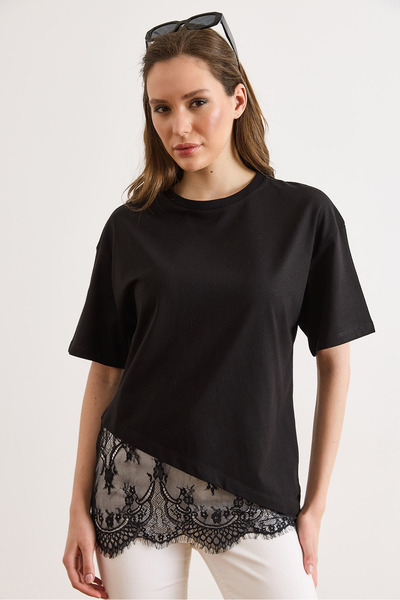 Olalook Γυναικείο μαύρο ασύμμετρο βαμβακερό μπλουζάκι με δαντέλα TSH-19000980