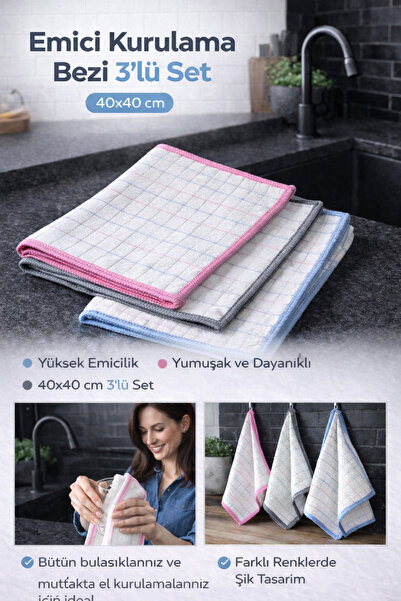 Doori Süper Emici Mikrofiber Kurulama Bezi 3’lü Set 40x40 cm | Çok Amaçlı Mut...