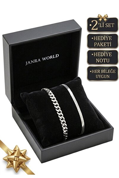 JANRA WORLD 2'li Set Gümüş Renk Paslanmaz Çelik Bileklik Ayarlanabilir Kararm...