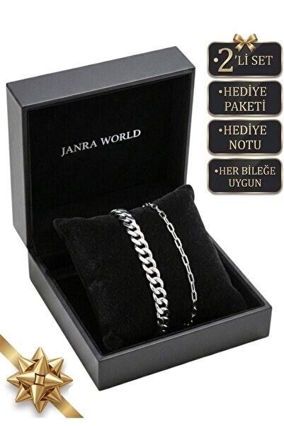JANRA WORLD 2'li Set Gümüş Renk Paslanmaz Çelik Bileklik Ayarlanabilir Kararm...