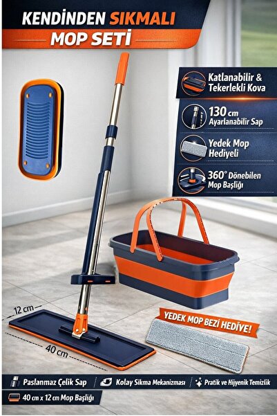 Quenn Katlanabilir Ve Tekerlekli Kovalı Mop Seti (Yedek Mop Bezi Hediyeli) Ke...