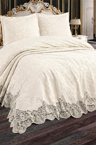 Natalie Fransız Güpürlü Çeyizlik Çift KişilikBattal Boy Pike Örtüsü Seti / Yatak Örtüsü Seti 3 Parça