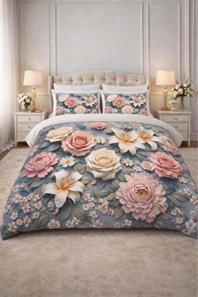 Çeyiz Diyarı Σετ Παπλωματοθήκης Roselle 5D με στάμπα, 100% βαμβακερό, διπλό