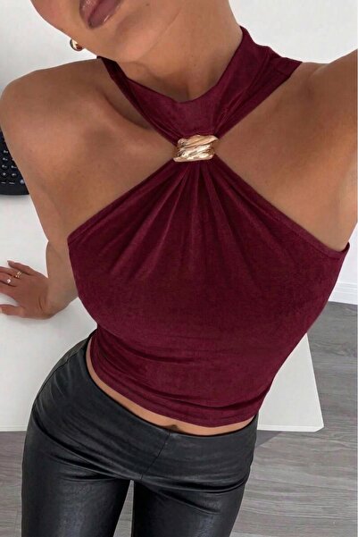 JE-TU λαιμόκοψη halter Λεπτομέρεια με αξεσουάρ Κοντό Μπλούζα