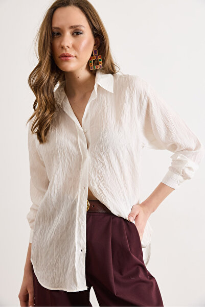 Olalook Γυναικείο λευκό ριγέ πουκάμισο Boyfriend με υφή GML-19001435