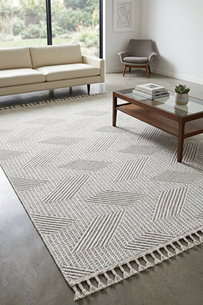 Homz Mumbai 434 Beyaz Modern Geometrik İskandinav Bukle Halı Kilim Dokuma Sal...
