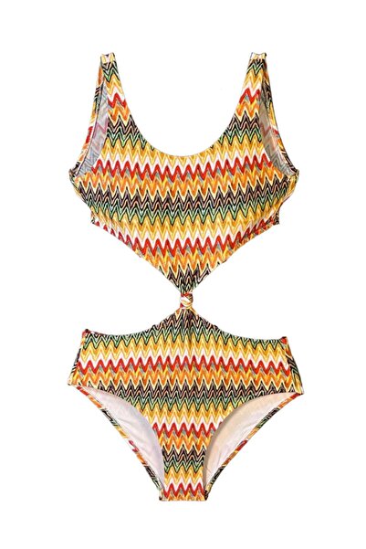 LOOK ME Multi-Colored Zig-Zag Patterned Cut-Out Knot Detailed Girls' Swimsuit
