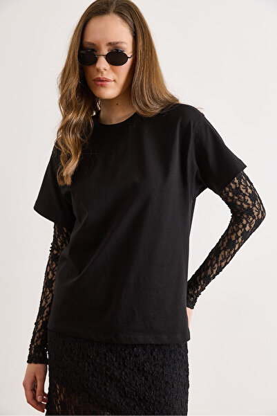 Olalook Γυναικείο μπλουζάκι από βαμβάκι με μαύρη δαντέλα και λεπτομέρειες στο...