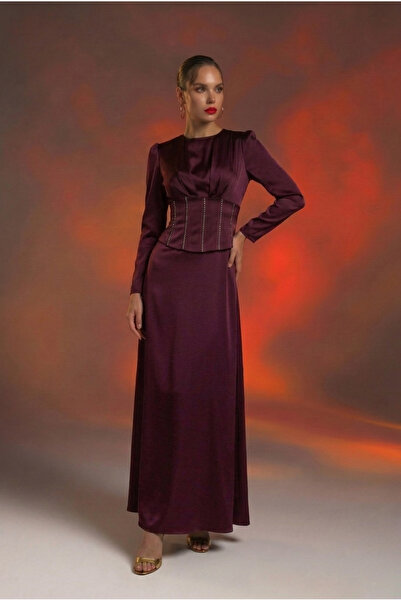 ALFUDO Moda Collection Γυναικείο μπορντό σατέν κορσέ με λεπτομέρεια από πέτρε...