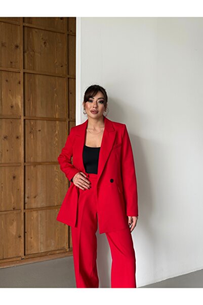 HOEK Women's Red Blazer Jacket Palazzo Trousers Suit