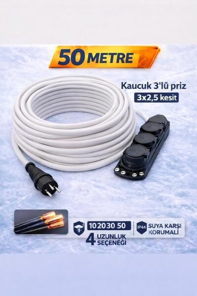 paşalıhome Kauçuk 3'lü Priz Seyyar Uzatma Kablosu | 3x2,5 mm Kesit | IP44 Suy...