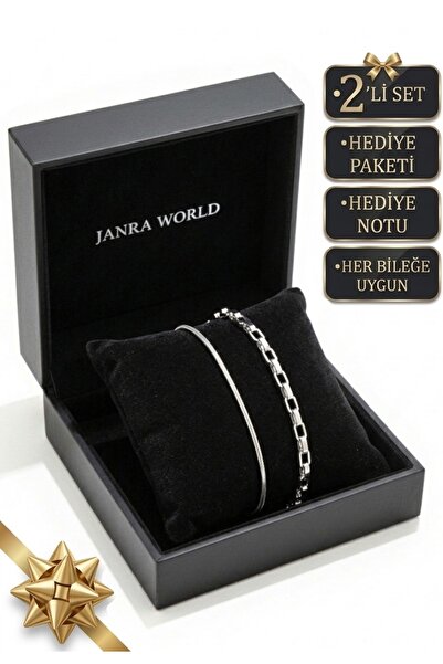 JANRA WORLD Set of 2 Silver Color Stainless Steel Bracelets Adjustable Non-Ta...