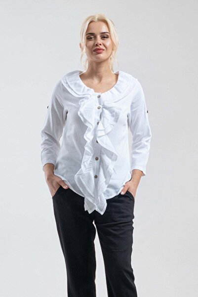Bold & Young Γυναικείο λευκό βαμβακερό πουκάμισο με λεπτομέρεια βολάν μπροστά...