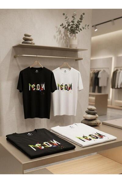 BEYAZTOPTAN ICON Printed Unisex Μαύρο & Λευκό Βαμβακερό Μπλουζάκι με Κοντά Μα...