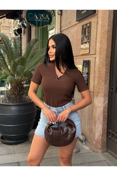 Women's Brown V-Neck Short Sleeve Stretchy Blouse