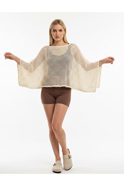 Noi Belis Διάτρητη Υπερμεγέθης Μπλούζα Πλεκτό με Λαιμόκοψη Καγιάκ SS26BZ0126