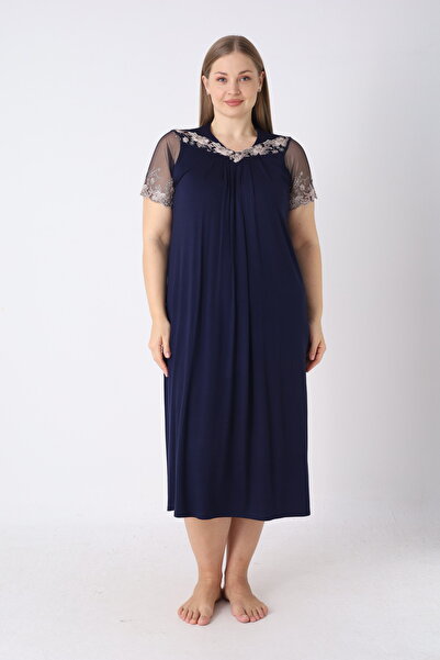 JENİKA Γυναικείο νυχτικό από βισκόζη μεγάλου μεγέθους με κοντό μανίκι και λεπ...