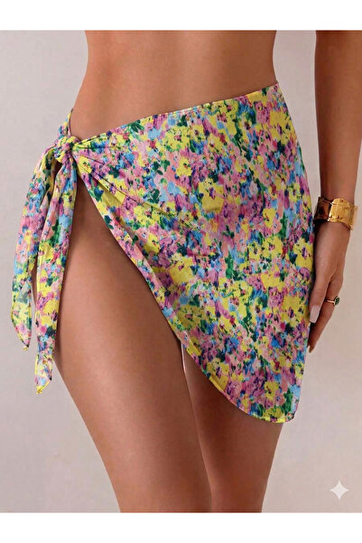 randevu Πολύχρωμη Μίνι Φούστα Παραλίας από Σιφόν με Δέσιμο
